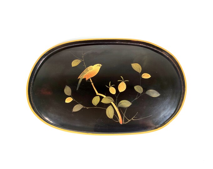Vintage Olinalá Lacquered Wood Tray with birds & Squirrel Black over Yellow main image 0