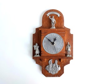 Erzgebirge Hechinger Wood & Pewter Wall Clock, Germany 1970s Exclusive Hand Made Small Wooden Wall Clock with Pewter Figures, Quartz Clock