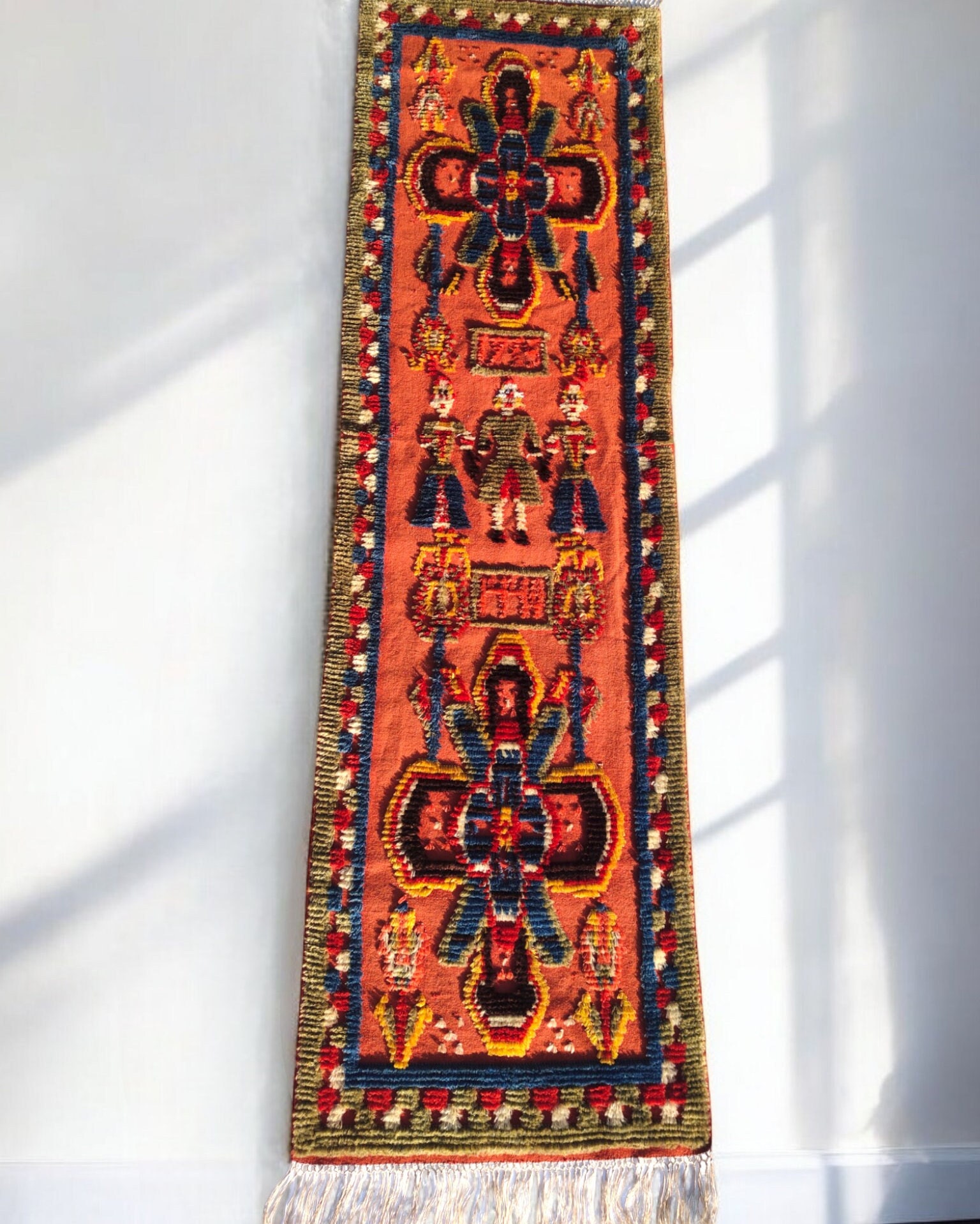 ヴィンテージ/アンティーク ポーランド 手織りフリンジ付き美しい水色