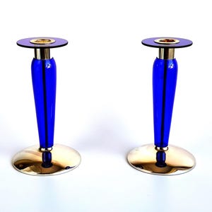 Pair of Silverplate and Glass Candlestiks, BBI Braucke & Berkenhoff Iserlohn, Germany, 80s, Post Modern, 2 Royal Blue Glass Candle Holders