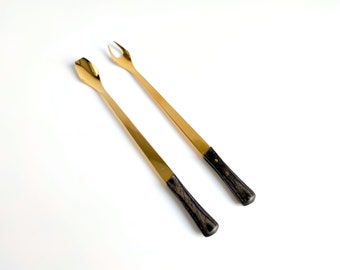 Vintage Gold Plated Long Handle Cocktail Fork & Spoon Set, Black Horn Handle, Gold Plated Stainless Steel, Appetizer/ Bar Fork and Spoon Set
