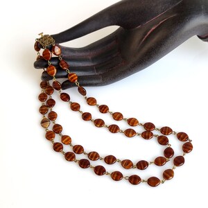 Vintage Czech Caramel Glass Bead Necklace, Mid Century Czech Striped Caramel Brown Glass 2 Strand Necklace with Ornate Brass Filigree Clasp