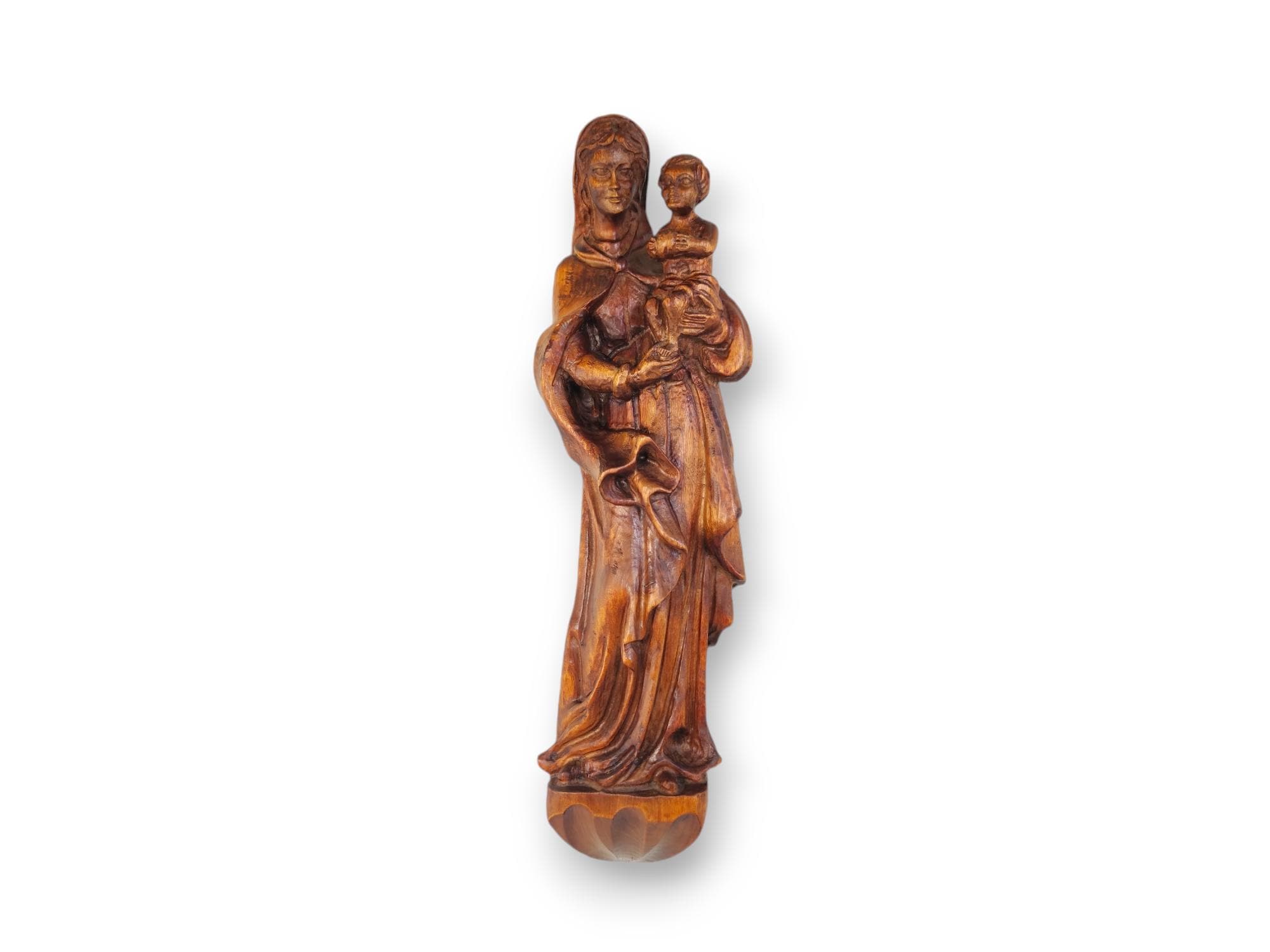 Mid Century German Hand Carved Walnut Virgin Mary and Child Wall