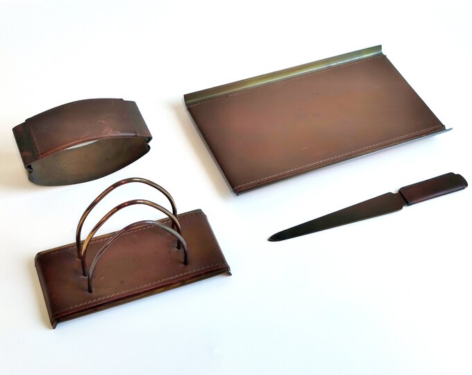 Art Deco Leather & Bronze Desk Set, Germany 1930s Art Deco/ Bauhaus