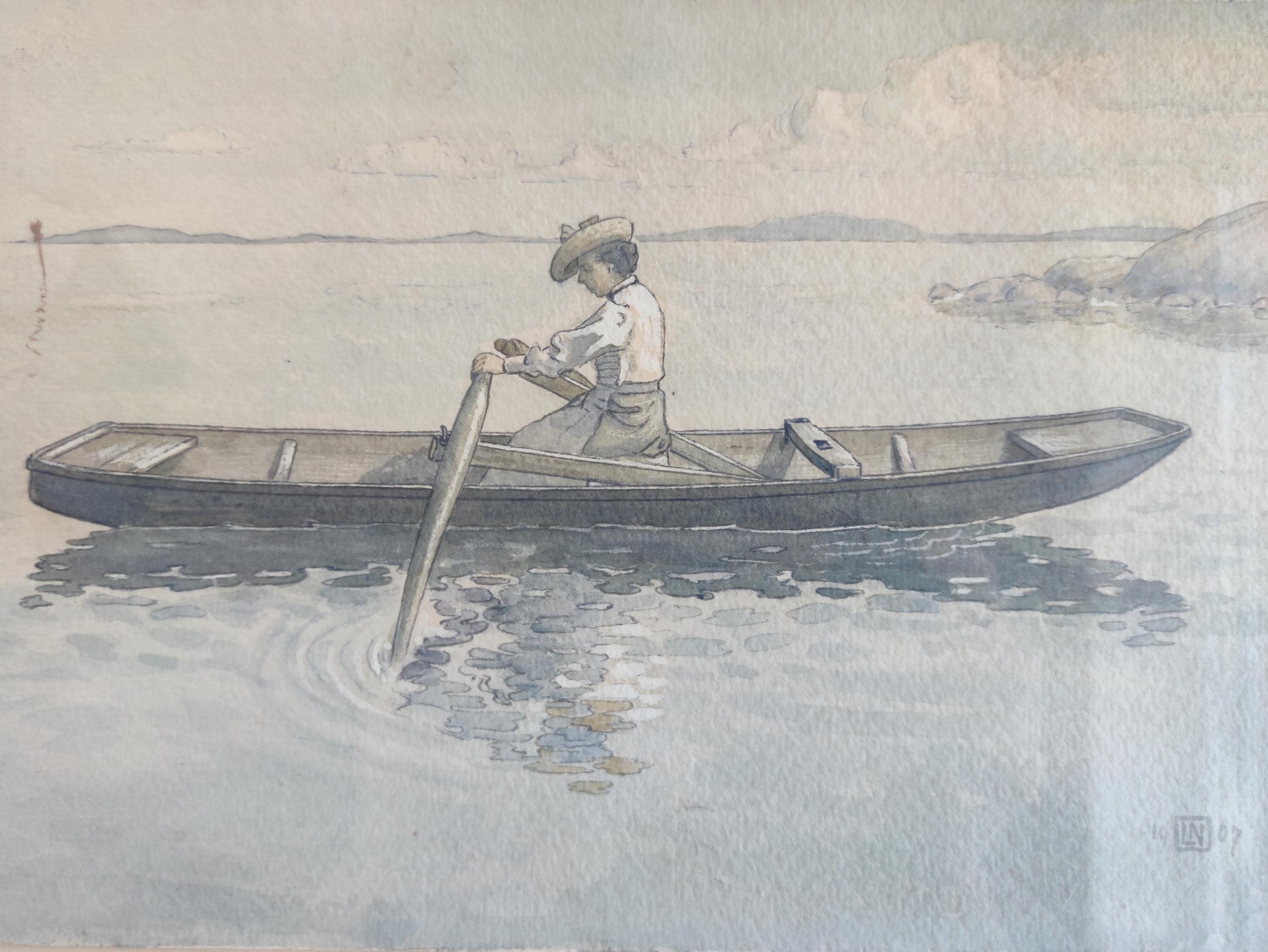 アンティークのオリジナルスウェーデン水彩画、1907年製、LNサイン