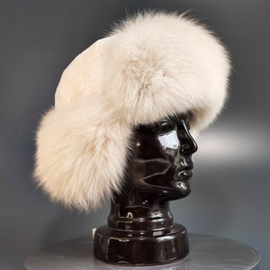 Cream Fox Fur Trapper Hat Vintage Russian Ushanka Style Real  display picture 2