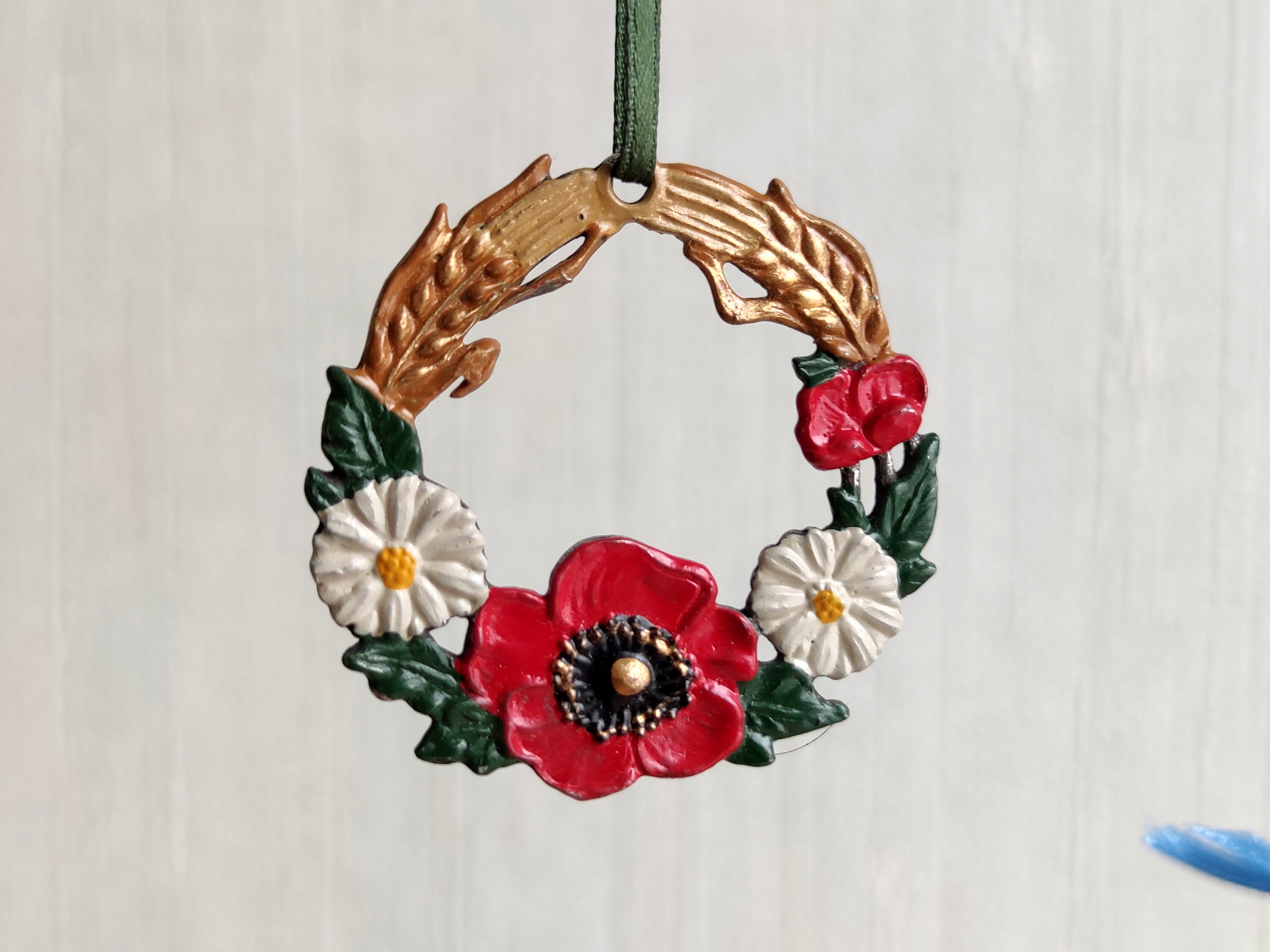 德国Zinn Becker 挂饰「春 fruhling 稀少品 German Kühn Zinn Poppy & Daisy Wreath Pewter Ornament, Hand