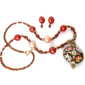 Vintage Cloisonne Pendant Necklace with Earring Set, Chinese Cloisonne Enamel Necklace, Glass Pearls Beads, Boho Jewelry , Enamel Pendant