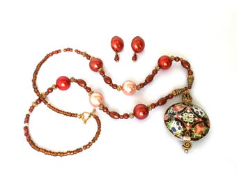 Vintage Cloisonne Pendant Necklace with Earring Set, Chinese Cloisonne Enamel Necklace, Glass Pearls Beads, Boho Jewelry , Enamel Pendant