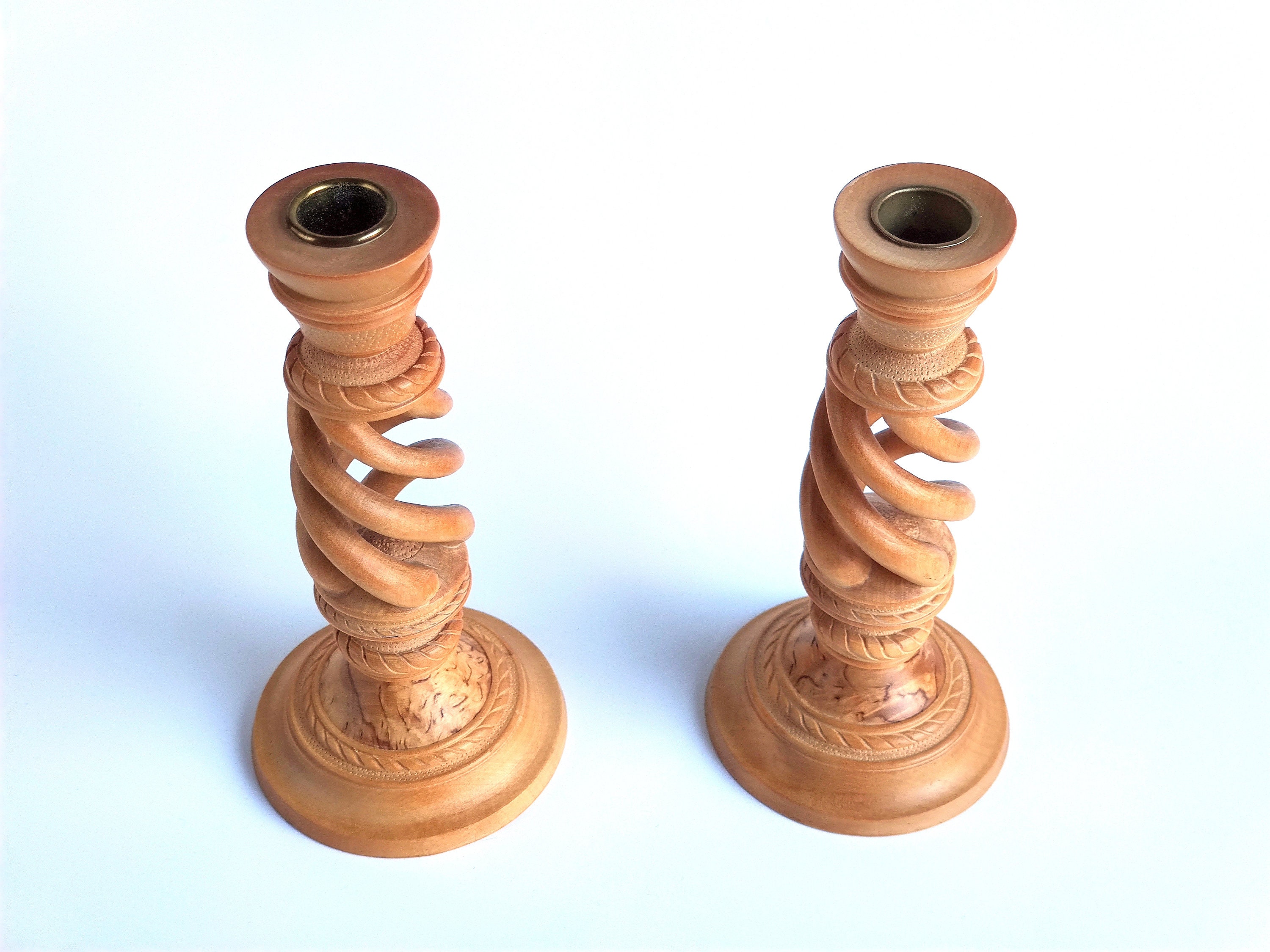 English Carved Wood Barley Twist Candlesticks With Brass Candle Cups - a  Pair/ Sold