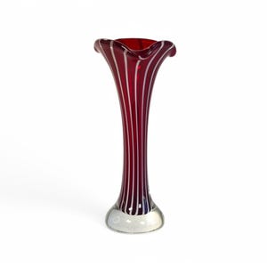 Ekeberga Glasbruk Striped Vase Sweden 50s Skandinavian Art Glass Striped Ruby Red Blown Cased Glass with Clear Base, Jack In The Pulpit Vase