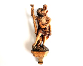 Italian Hand Carved Wood Statue of St. Christopher Carrying the Christ Child, Vintage Large Statue for Wall 21&quot;, Religious Art, Home Decor