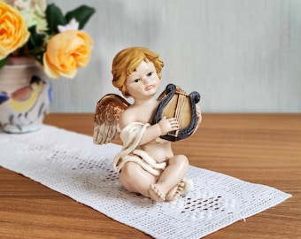 GILDE Angel Figurine, Made in Germany, Vintage Hand Painted Cherub with Harp, Gold Winged Putti Figurine in Baroque Style, GILDE Collection