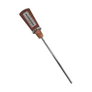 May include: A kitchen thermometer with a brown wooden handle, a silver metal ring, and a long, thin stainless steel probe. The handle features a vertical temperature scale with markings in Celsius and Fahrenheit, displaying a range from 0 to 100.