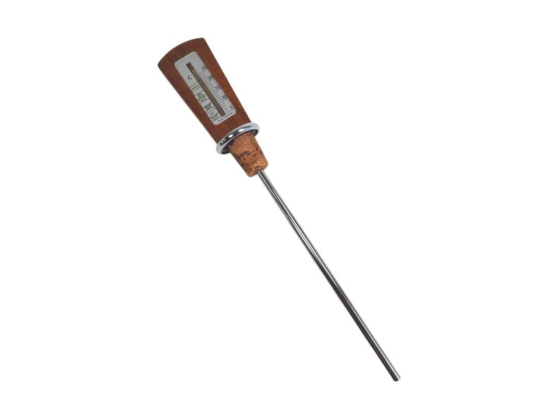 May include: A kitchen thermometer with a brown wooden handle, a silver metal ring, and a long, thin stainless steel probe. The handle features a vertical temperature scale with markings in Celsius and Fahrenheit, displaying a range from 0 to 100.