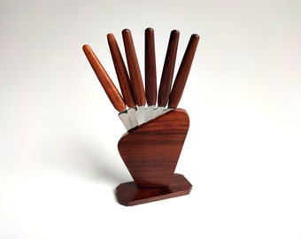 Solingen Teak Fruit Knife Set in Stand, Germany, 60s, Danish Modern , MCM, Teak Knife Set, Solingen Rostfrei Cheese / Spread Knives 6 pcs