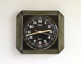 PHILIPS Ceramic Wall Clock West Germany 70s Mid Century Modern Moss-Green Kitchen Clock, Herbolzheimer Keramik Philips HR 5573 Quartz Clock