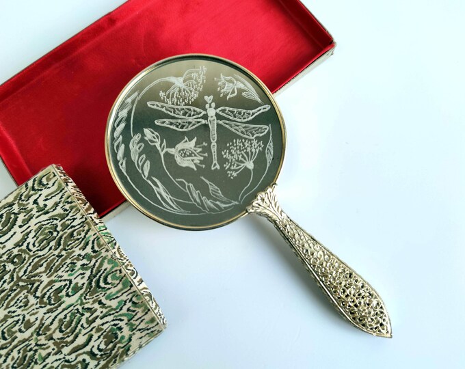Vintage Japanese Handheld Mirror, Etched Dragonfly Filigree Handle