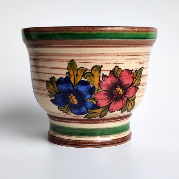 West German Pottery Planter Pot, Hand Painted Cache Pot with Floral Decor, Mid Century German Hand Decorated Planter, Retro MCM MOD Decor