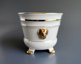 Cache-pot à tête de lion et pattes de lion en porcelaine de Bavière Seltmann Weiden avec accents dorés, Allemagne Années 80, Pot de fleurs blanc et or neuf, ancien