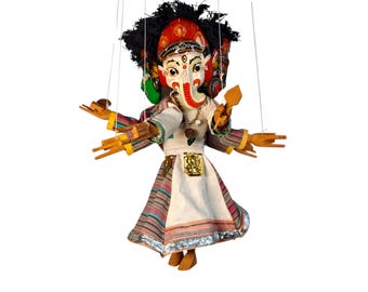 Marionetta vintage di Ganesha danzante a quattro facce, arte popolare nepalese realizzata a mano, Ganesh, dio indù, decorazione boho asiatica