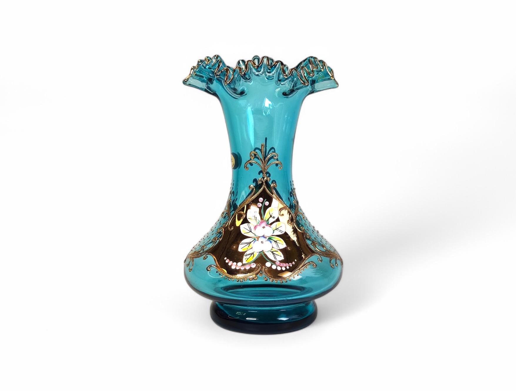 ボヘミアンクリスタル 青色ガラス花瓶 金色装飾付き BOHEMIA