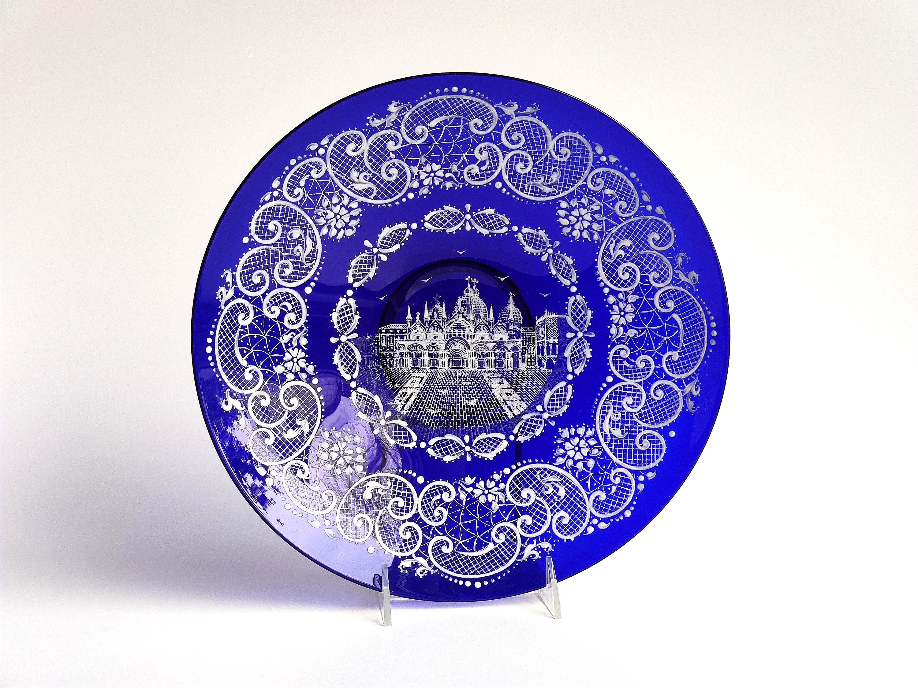 Antique Salviati Moser Venetian Cobalt Glass Bowl Rare White