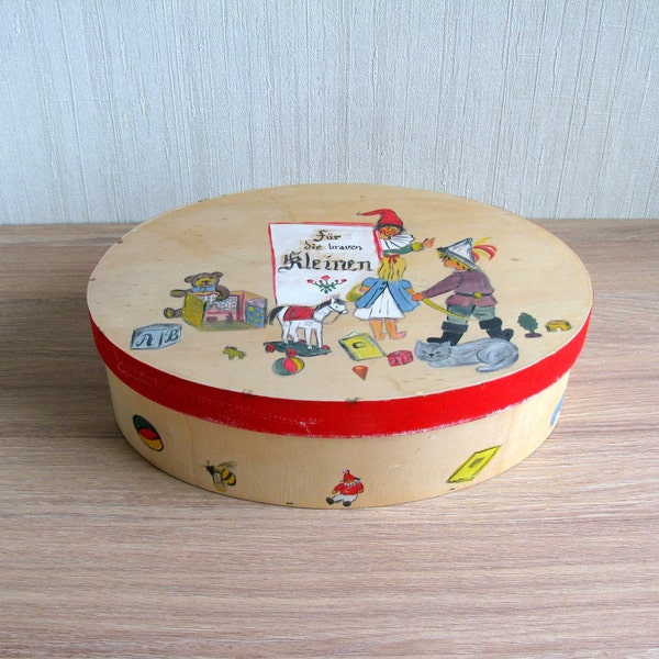 German Hand Painted Wood Box by Ingrid Schiller "For The Good Little Ones" Kunsthandwerk Kastanienwald, VTG Large Oval Box for Kids or Gifts