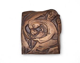 Joseph Krautwald Bronze Relief Holy Family Germany 1972 Mid Century Modernist Nativity Cast Bronze Wall Hanging Plaque Monogrammed and Dated