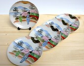 Japanese Porcelain Plate Set, Nippon, Japan, 50s, Set of 5 Desert Plates, Saucers, Hand Painted Geisha Pattern Gold Trim, Oriental Tea Party
