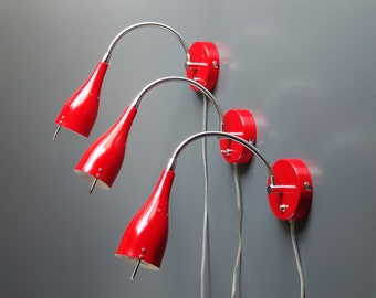 Vintage Swedish TANUM Wall Lamp by AH Belysning Sweden, Red Metal Adjustable Gooseneck Wall Light, Price for ONE Lamp, Three Pcs Available