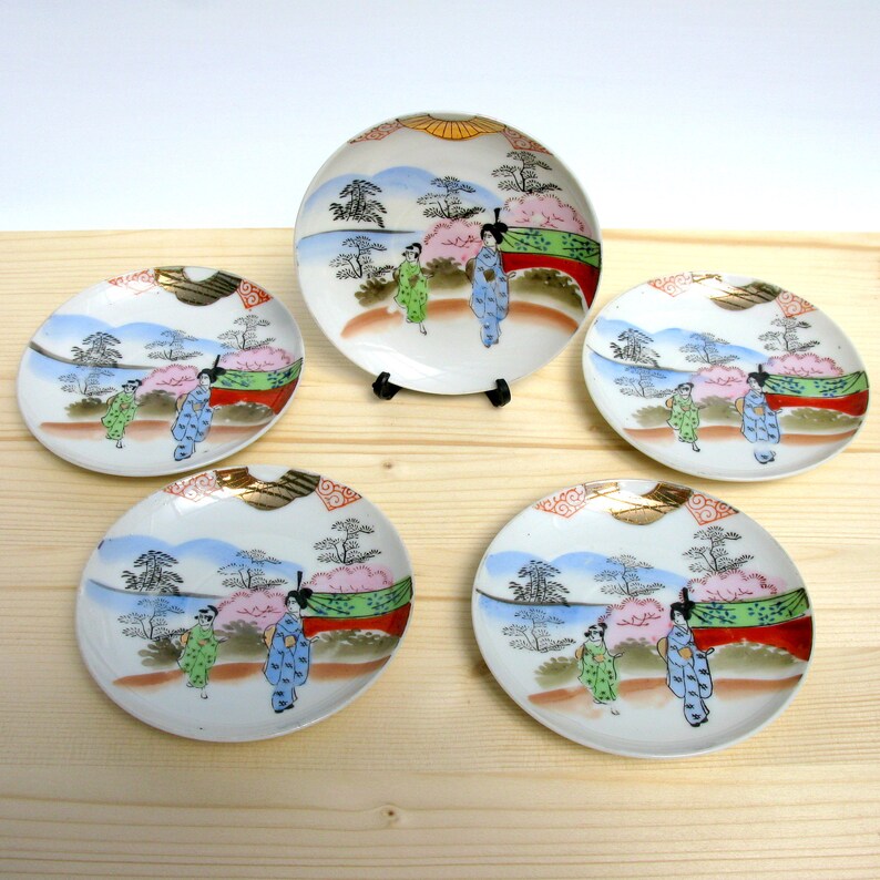 Japanese Porcelain Plate Set, Nippon, Japan, 50s, Set of 5 Desert Plates, Saucers, Hand Painted Geisha Pattern Gold Trim, Oriental Tea Party image 3