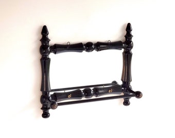 Mid Century Swedish Wooden Towel Rack with Mirror, 1940s Black Wall Mirror with 2 Hooks and Towel Rail, Kitchen Decor, Guest Bathroom Decor
