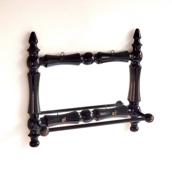 Mid Century Swedish Wooden Towel Rack with Mirror, 1940s Black Wall Mirror with 2 Hooks and Towel Rail, Kitchen Decor, Guest Bathroom Decor