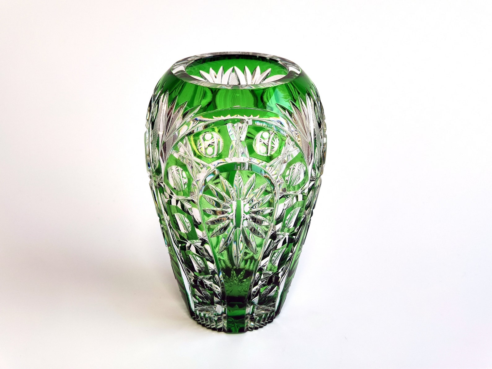 Vintage Bohemian Cut Crystal Vase Emerald Green Cut to Clear Etsy