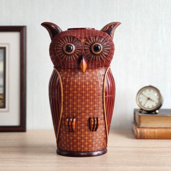 Shanghai Handicrafts OWL Vase, Mid Century Large Hand Woven Wicker Owl with Encased Ceramic Insert, Peking, The People's Republic of China