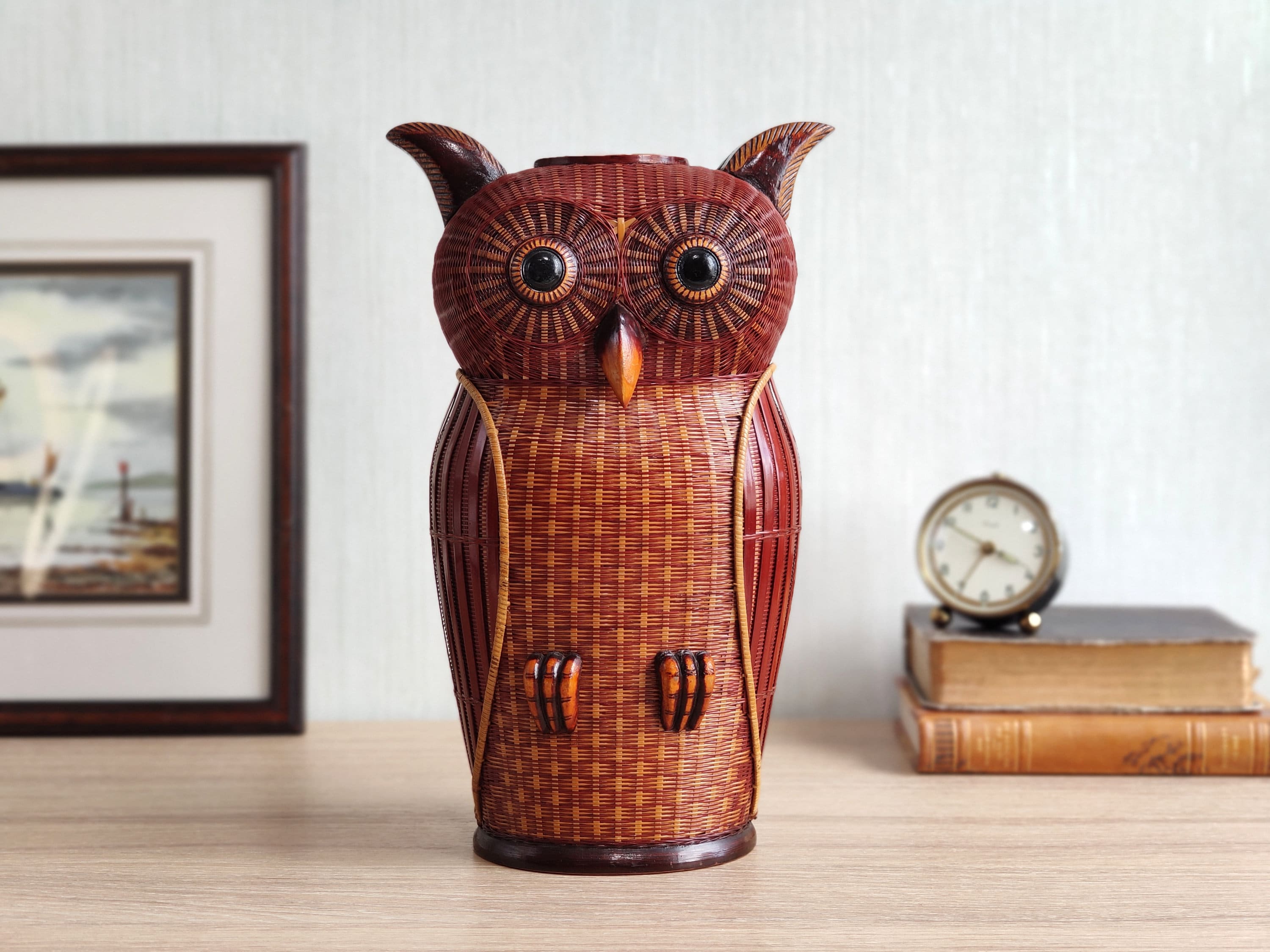 Shanghai Handicrafts Owl Vase, Mid Century Large Hand Woven Wicker Owl With Encased Ceramic Insert, Peking, The People's Republic Of China