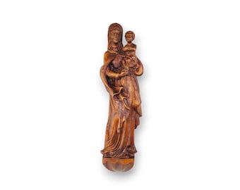 Mid Century German Hand Carved Walnut Virgin Mary and Child Wall Statue, 1950s Madonna and Child Jesus Statue 19.5&quot; Religious Art Home Altar