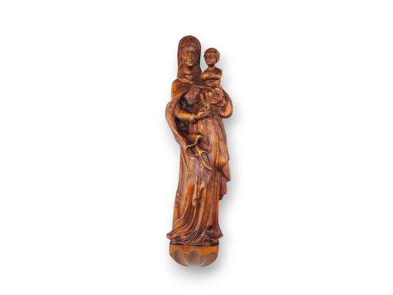 Mid Century German Hand Carved Walnut Virgin Mary and Child Wall