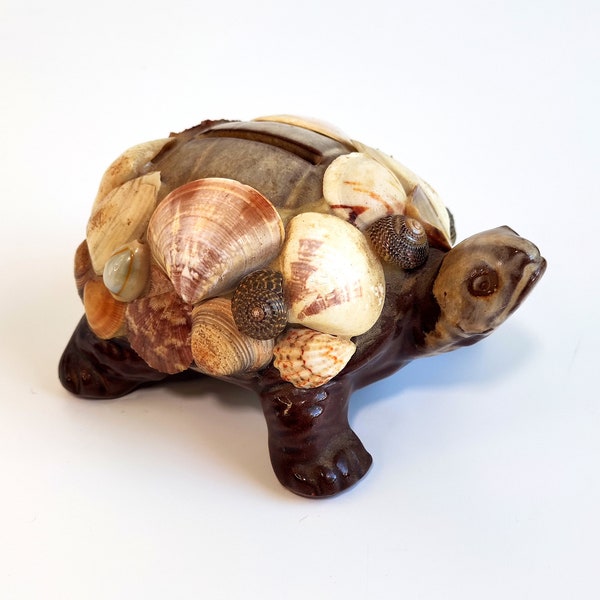 tirelire vintage japonaise pour tortues de mer, céramique émaillée brune et tirelire de tortues de coquillages / figurine de tortue, fabriqué au Japon, décor côtier