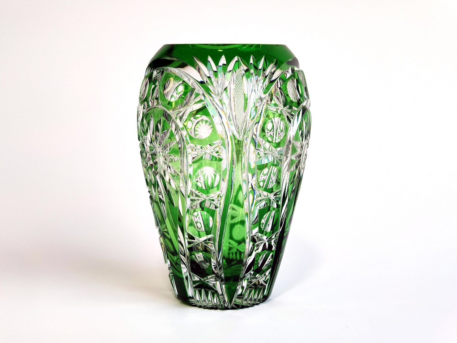 Vintage Bohemian Cut Crystal Vase Emerald Green Cut to Clear Etsy