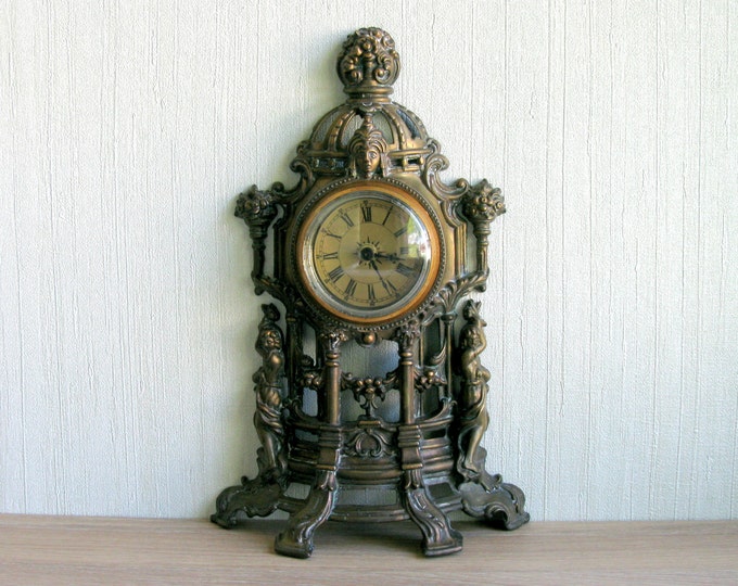 Vintage Ornate Brass Mantel Clock, Germany, GADA, Junghans Quartz