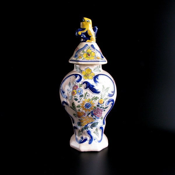 De Porceleyne Bijl Covered Vase, 18th Century La Hache Vase, Polychrome Delft Faience Vase, Dutch Collectible Large Foo Dog Vase, Signed