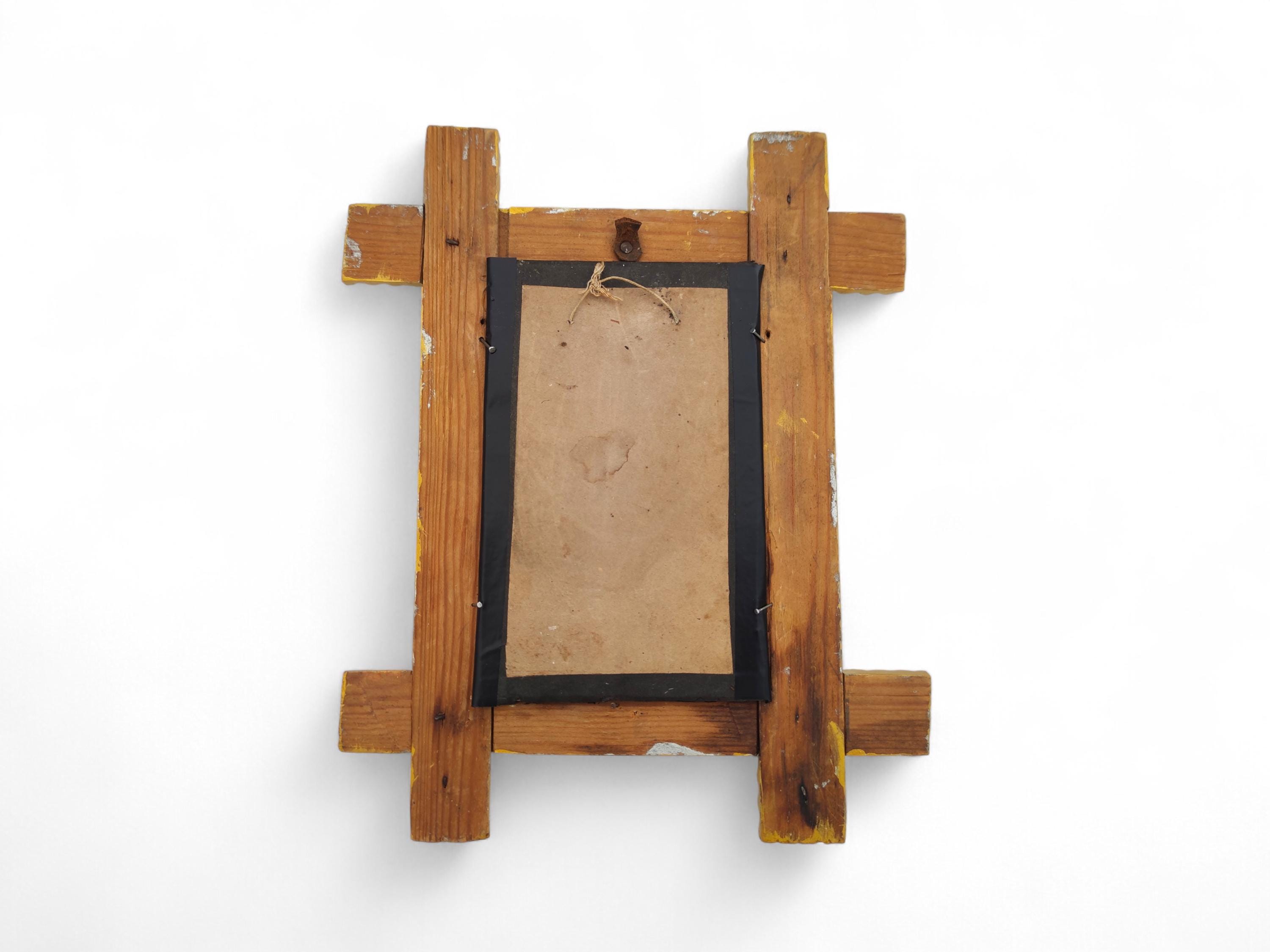 Antique Tramp Art Frame, German Folk Art Chip Carved Wood Frame
