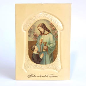 Impression murale antique sur celluloïd Première communion, Allemagne, souvenir Art déco des années 1920 de la première communion, du garçon et de Jésus, photo suspendue au mur