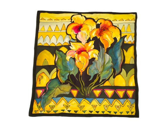 Vintage Hand Painted Batik Silk Scarf With Abstract and  display picture 2