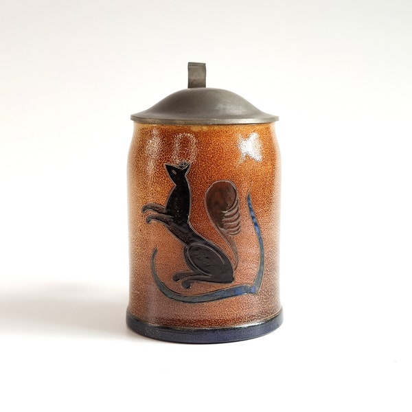 Wim Muhlendyck Art Pottery Fox Stein with Pewter Lid Mid Century German Jugendstil Style Westerwald Salt Glaze Stoneware Beer Stein Labelled