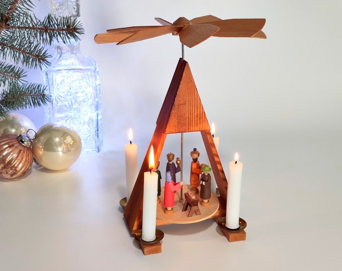 Erzgebirge Christmas Nativity Pyramid, Vintage German Wooden Christmas Carousel Candle Holder