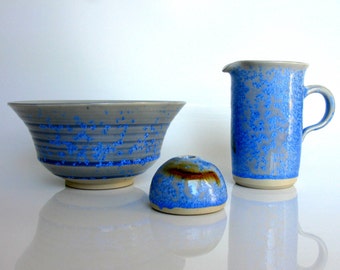 Crystalline Pottery Bowl with Pitcher and Bud Vase, Set of 3 pcs, Scandinavian Studio Pottery, Art Pottery, Blue Crystalline Glaze, MCM