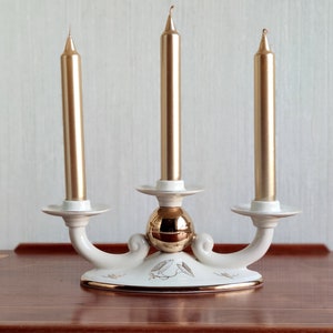 Alka Bavaria Porcelain &quot;Peking&quot; Candelabra, Germany 50s Art Deco Style Kunst Alboth & Kaiser Porcelain Candleholder with Gilded Accents
